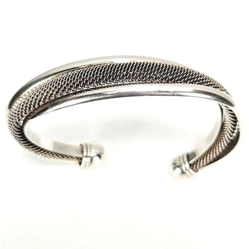 Sterling Silver Solid Bands & Mesh Three Strand Twisted 28 Gram Cuff Bracelet 7"